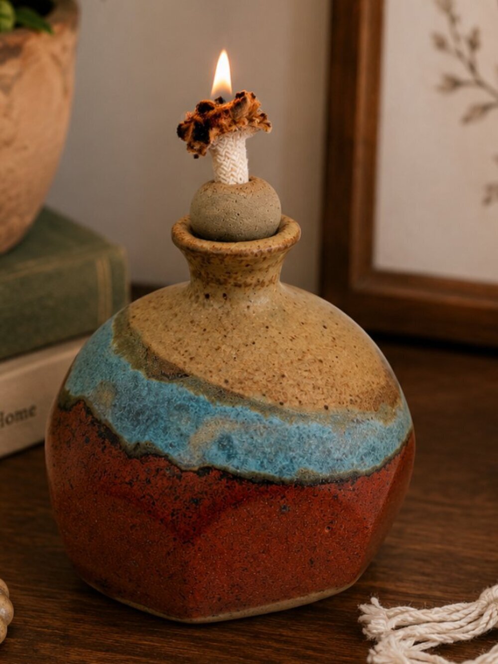 SIGNED Jill Becquet Handmade Studio Pottery Oil Lamp / Stoneware Vessel Rustic
